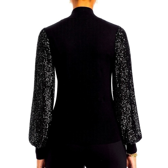Tahari black mock neck top with sequin sleeves. Hand Washable. Size M. NWT. - Picture 2 of 9